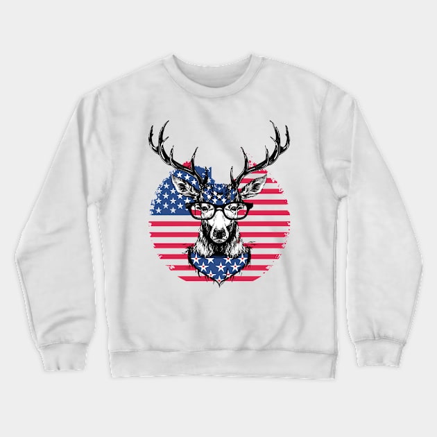 American flag Deer wearing glasses Crewneck Sweatshirt by YuriArt